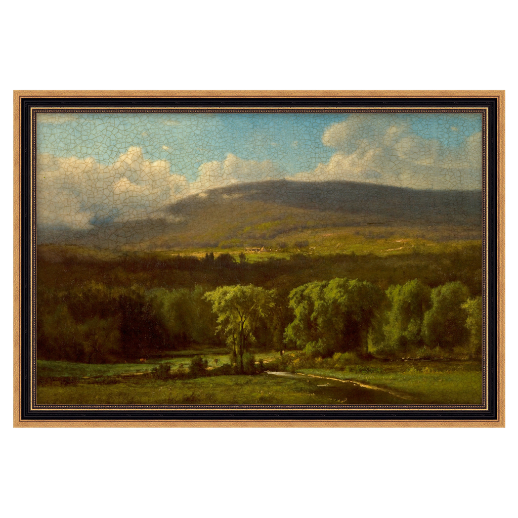 Framed landscape painting of a mountainous area with trees and a clear sky.