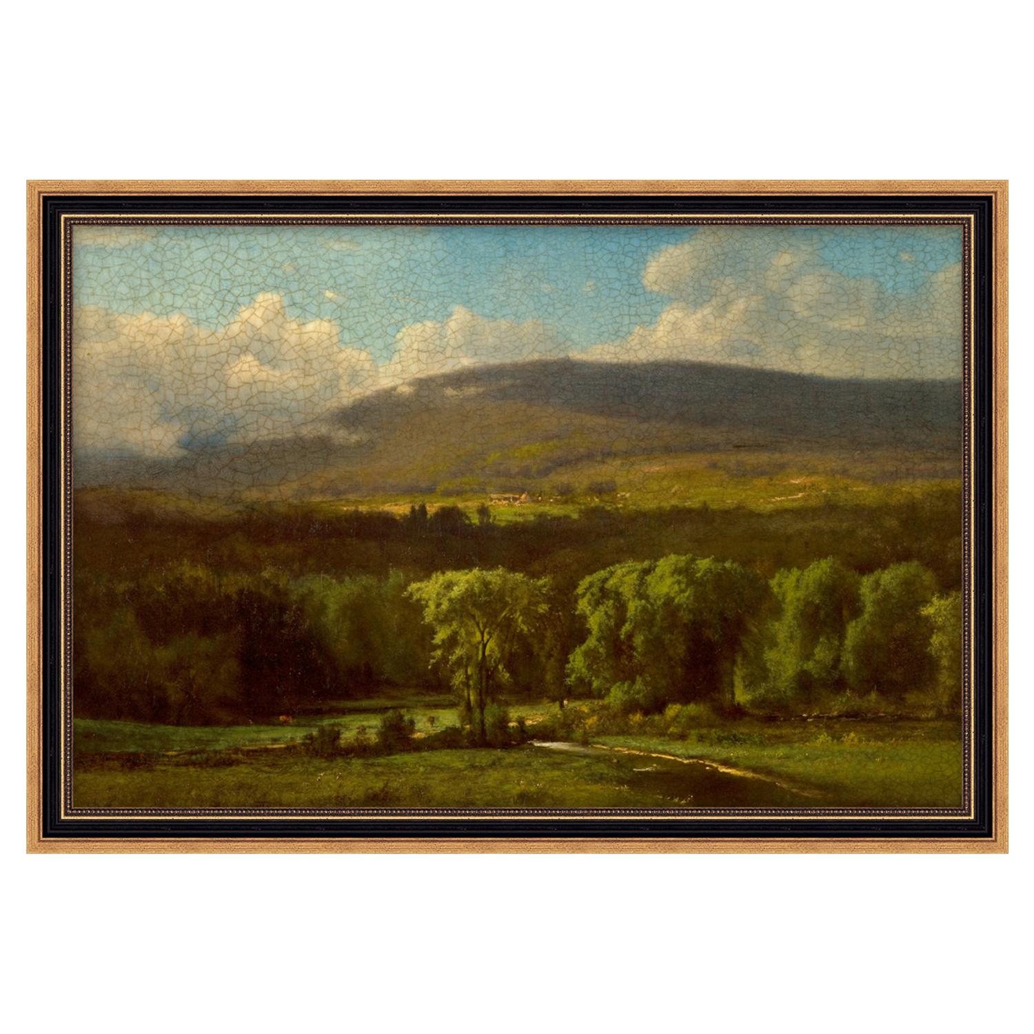 Framed landscape painting of a mountainous area with trees and a clear sky.