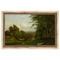 Framed landscape painting with trees and a horse-drawn carriage on a grassy field.