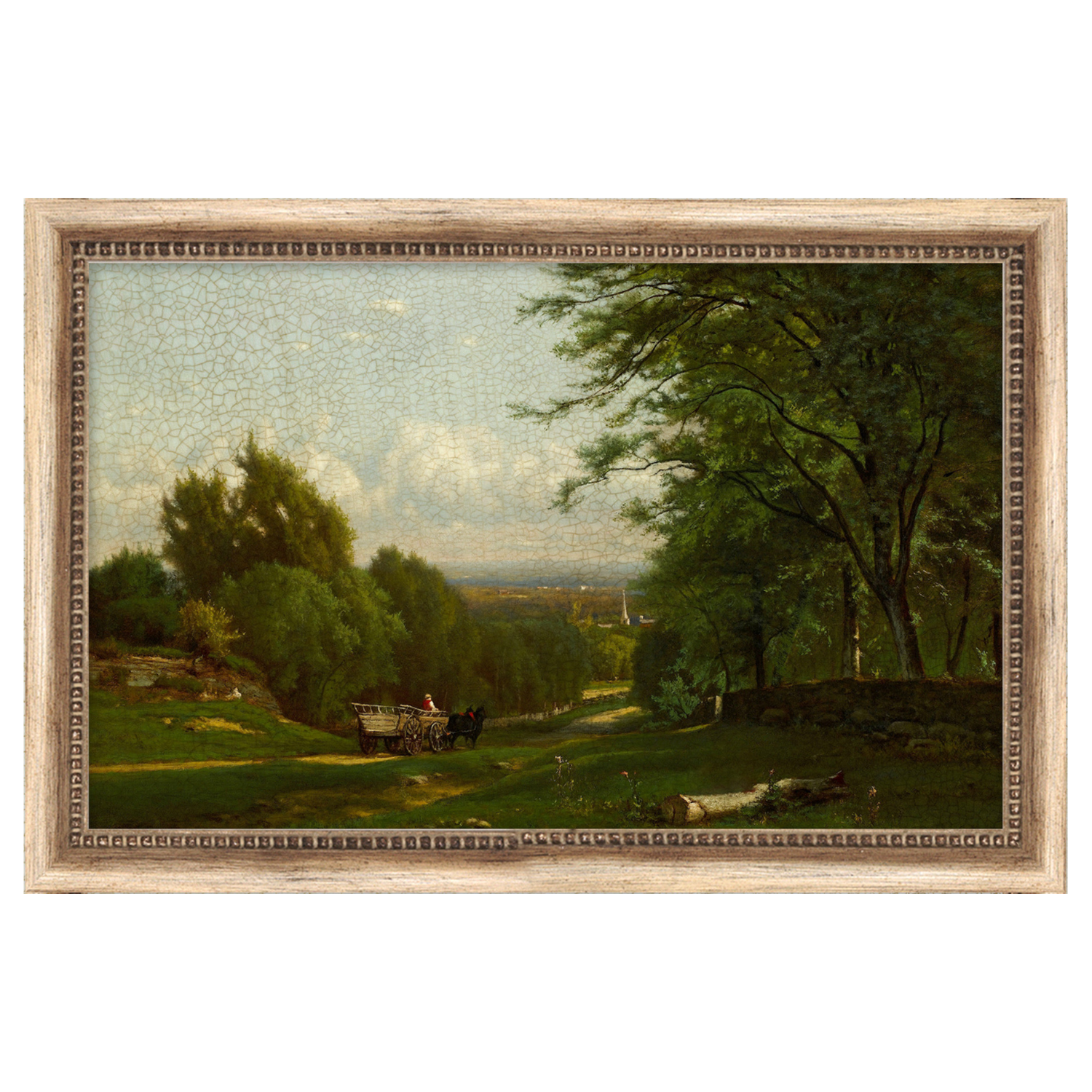 Framed landscape painting with trees and a horse-drawn carriage on a grassy field.