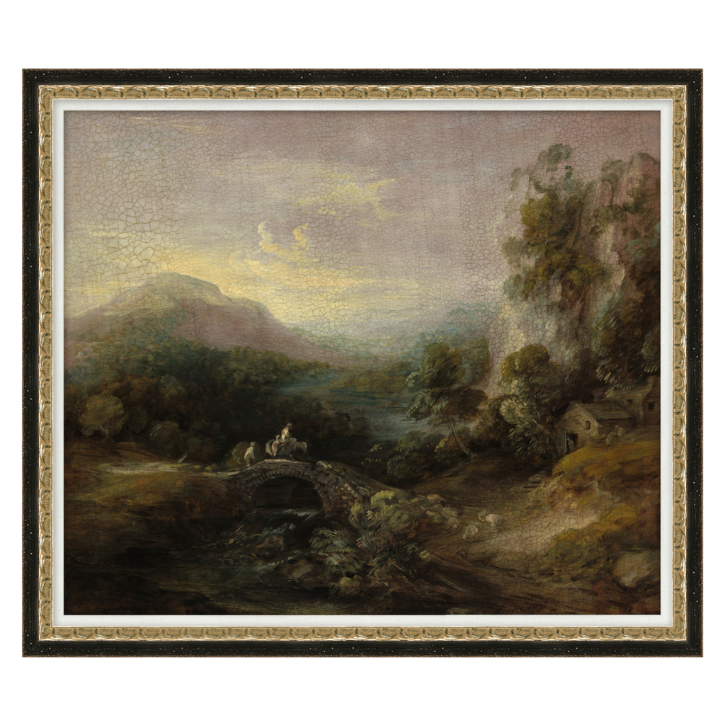 Framed landscape painting with mountains and a river