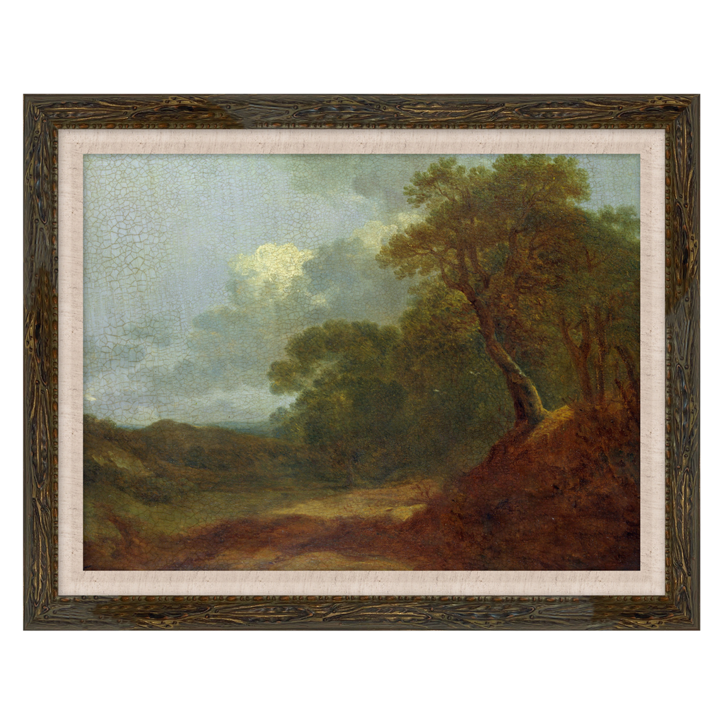Framed painting of a landscape with trees and a hillside.