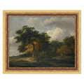 Landscape painting with trees and a path, framed in gold.