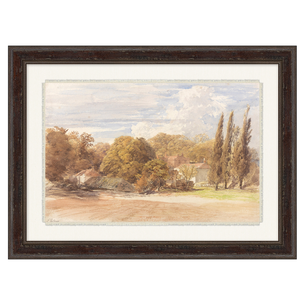 Framed landscape painting with trees and buildings on a white background