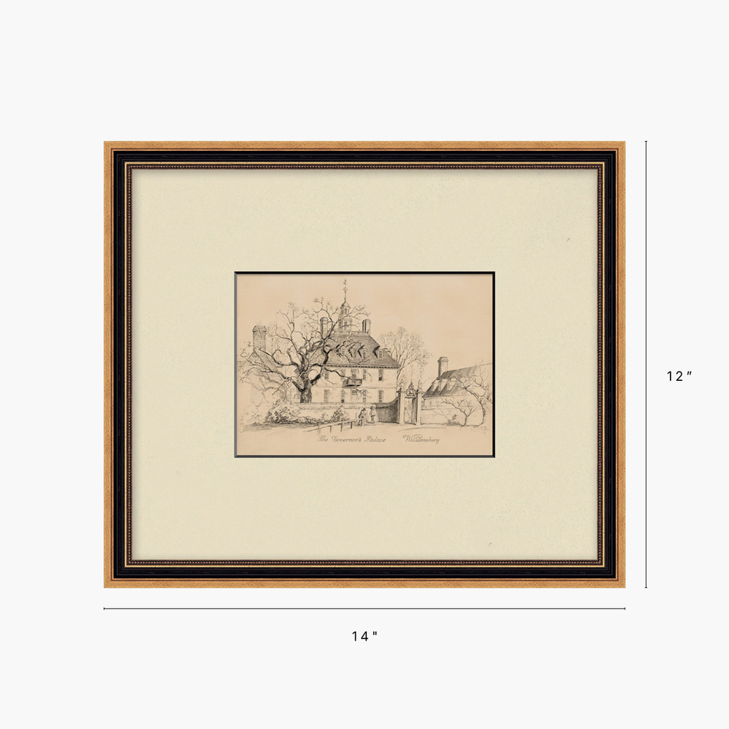 Framed art print with a beige mat, black inner frame, and natural wood outer frame, showing a sepia sketch of a historic building. The image includes dimension markers indicating 14 inches wide by 12 inches tall.