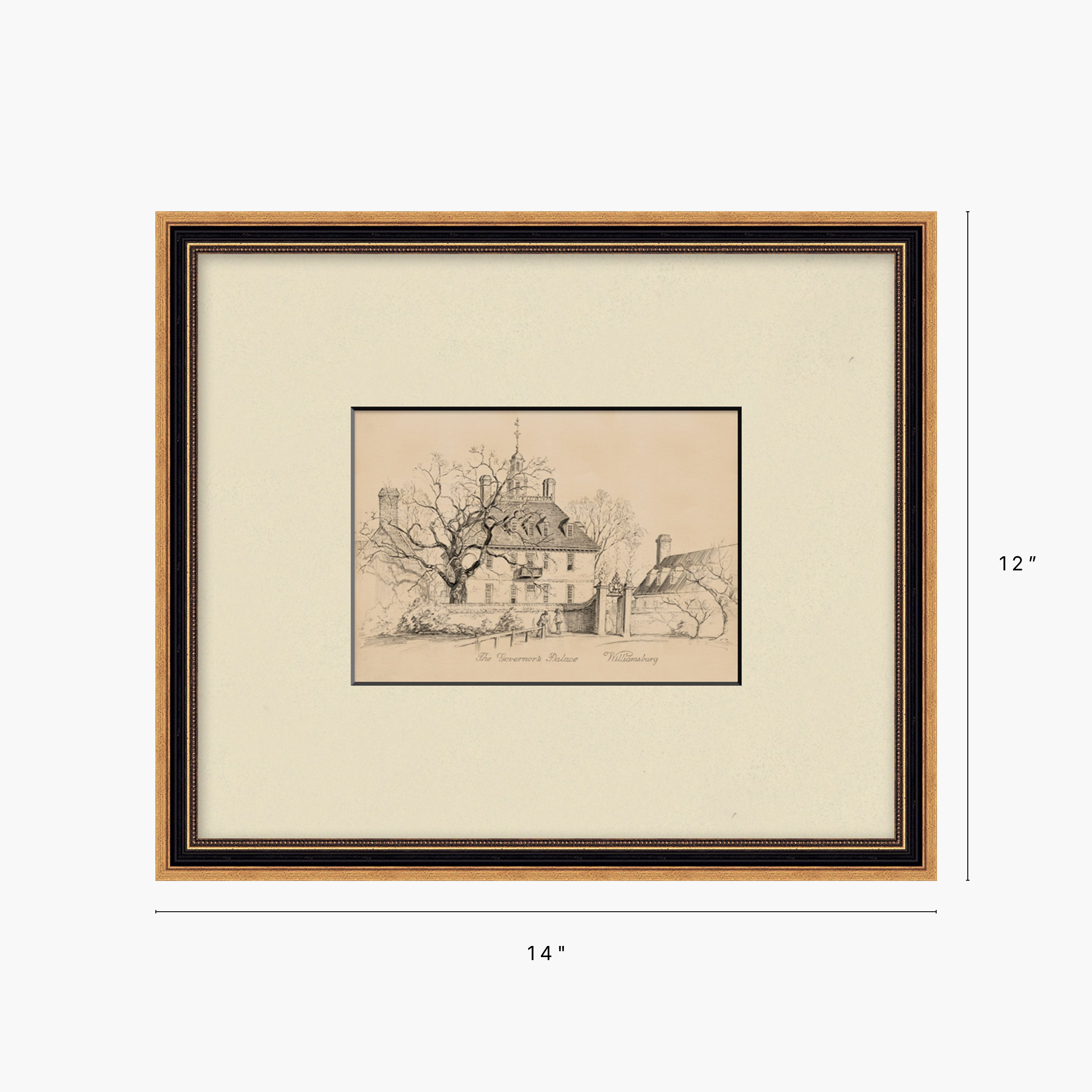 Framed art print with a beige mat, black inner frame, and natural wood outer frame, showing a sepia sketch of a historic building. The image includes dimension markers indicating 14 inches wide by 12 inches tall.