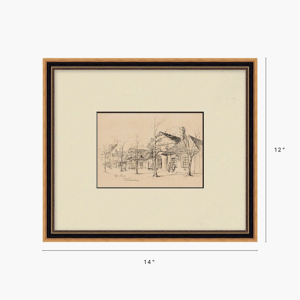 Framed art print showing a sepia sketch of a historic street scene with houses and trees, mounted with a cream mat and a two-tone wood and black frame. Dimension labels indicate 14 inches wide by 12 inches tall.