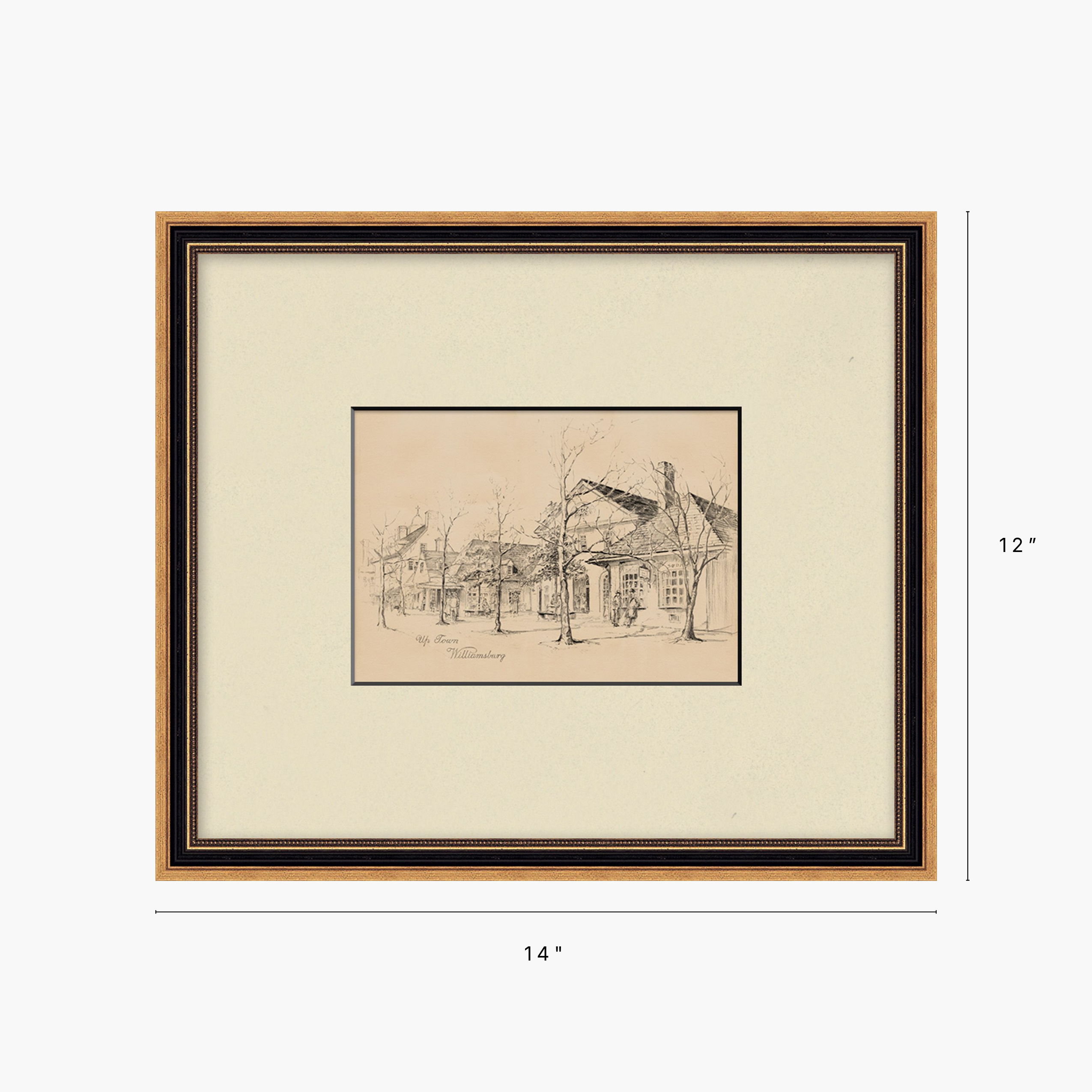 Framed art print showing a sepia sketch of a historic street scene with houses and trees, mounted with a cream mat and a two-tone wood and black frame. Dimension labels indicate 14 inches wide by 12 inches tall.