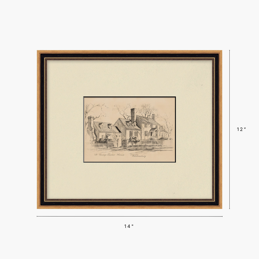 Framed art print with a sepia-toned sketch of a historic house, shown with dimension markers indicating 14 inches wide by 12 inches tall on a light gray background.