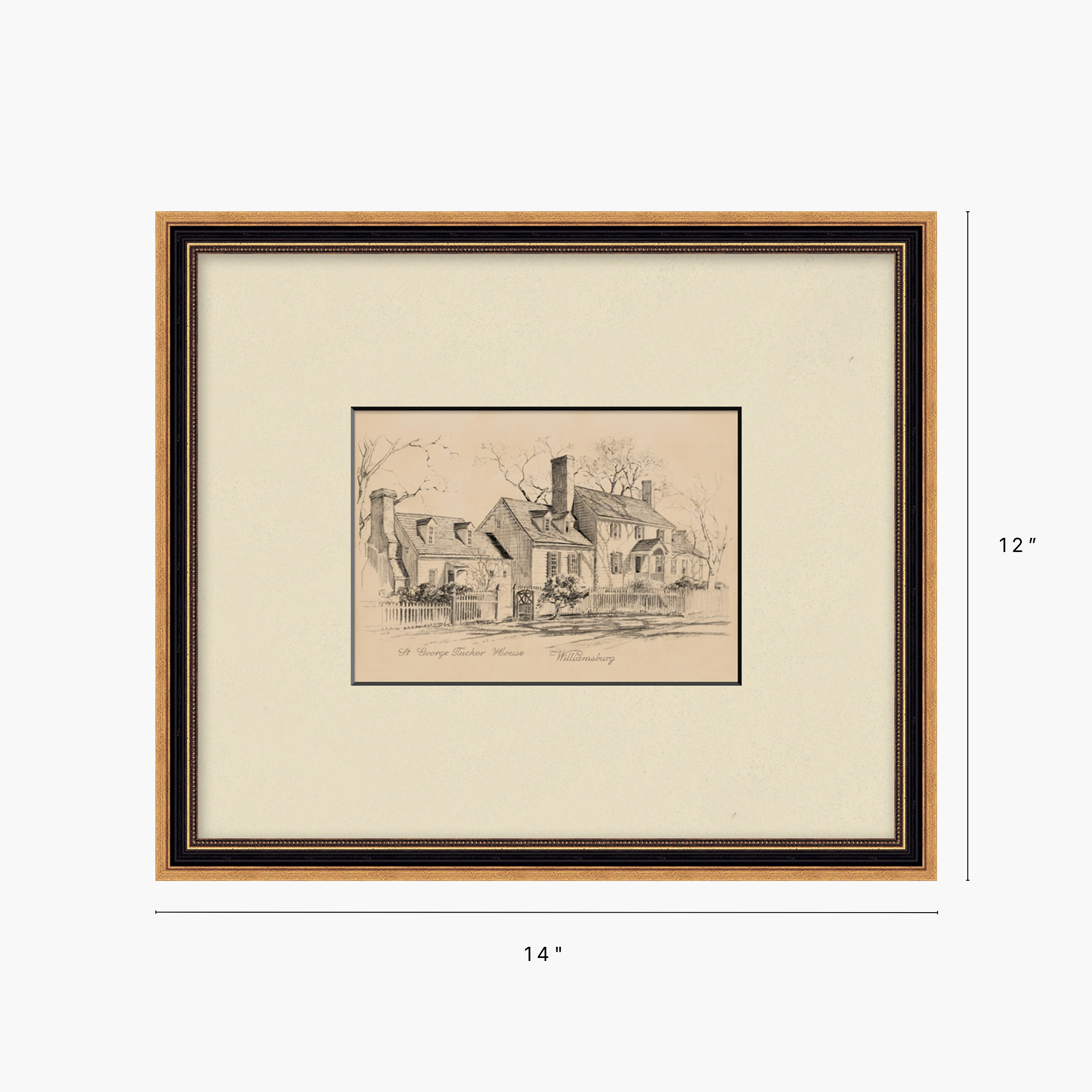 Framed art print with a sepia-toned sketch of a historic house, shown with dimension markers indicating 14 inches wide by 12 inches tall on a light gray background.