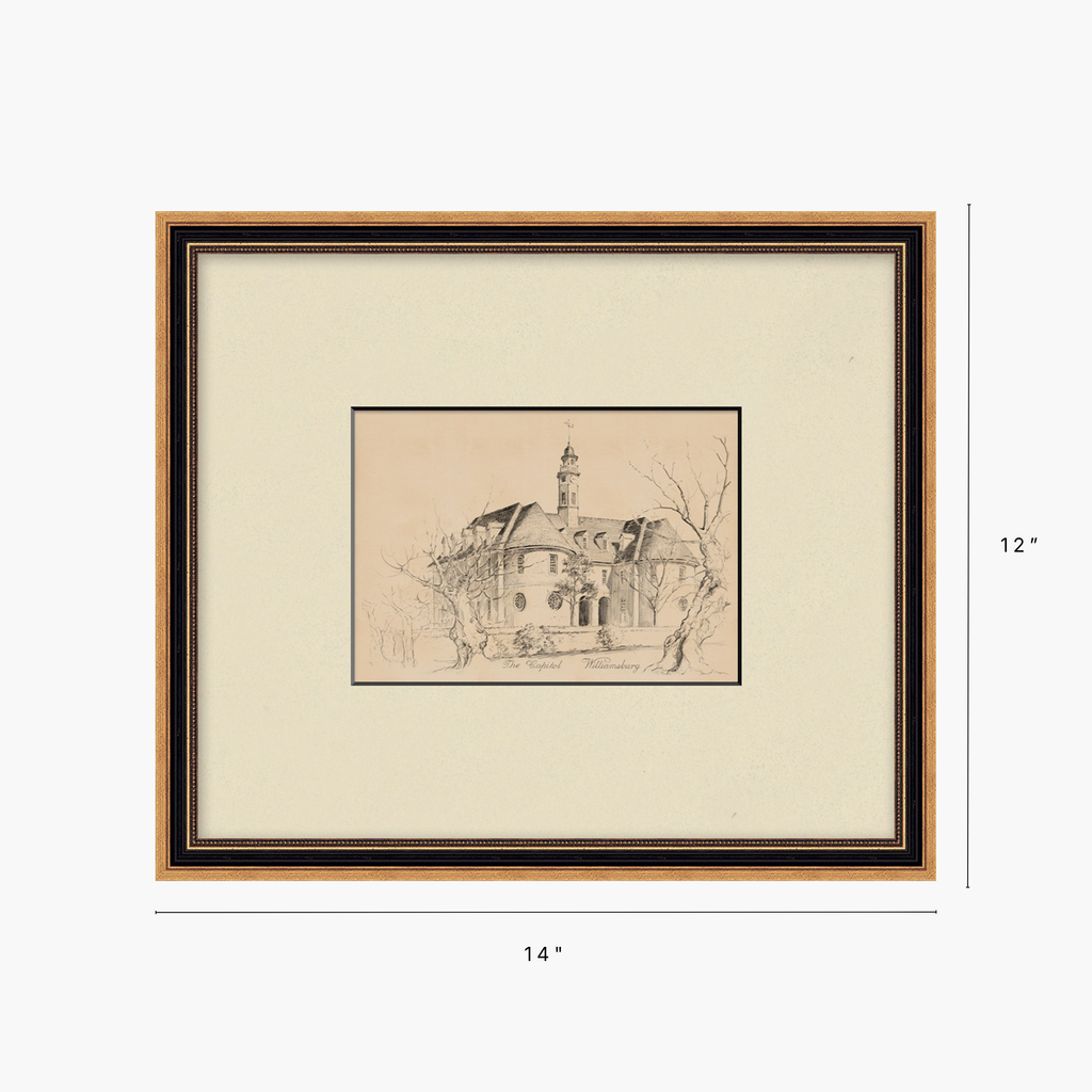 Framed art print with a beige and black double border, featuring a sepia sketch of a historic house. The image includes dimension lines indicating a width of 14 inches and a height of 12 inches.
