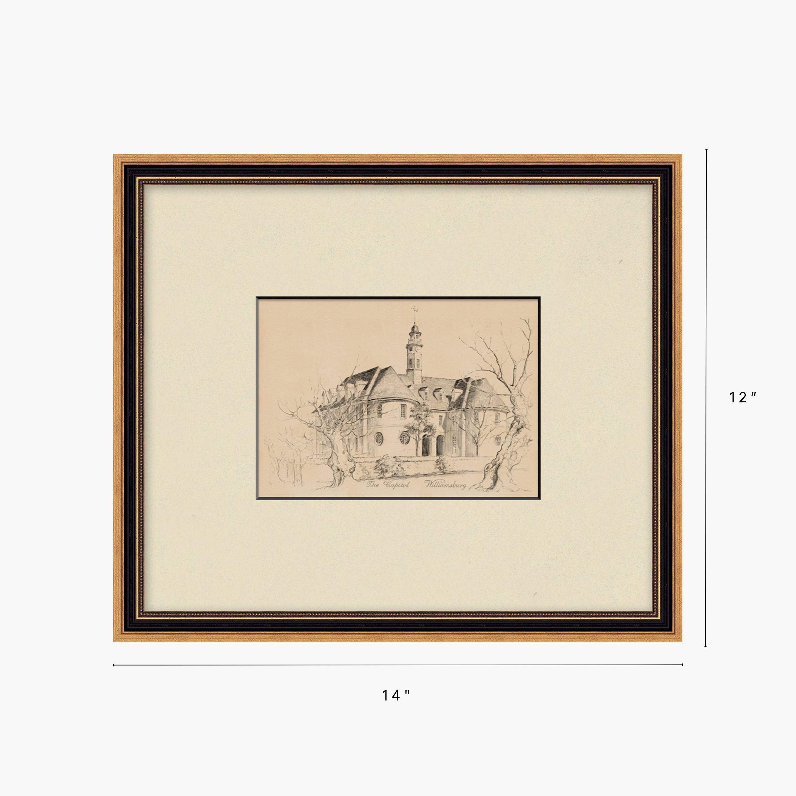 Framed art print with a beige and black double border, featuring a sepia sketch of a historic house. The image includes dimension lines indicating a width of 14 inches and a height of 12 inches.