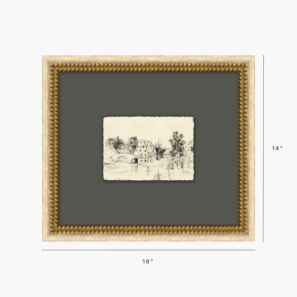A framed art print shown on a light gray background with dimension lines indicating 16 inches wide by 14 inches tall. The frame is ornate and gold-toned with a dark charcoal gray mat and a small central sketch of a town scene.