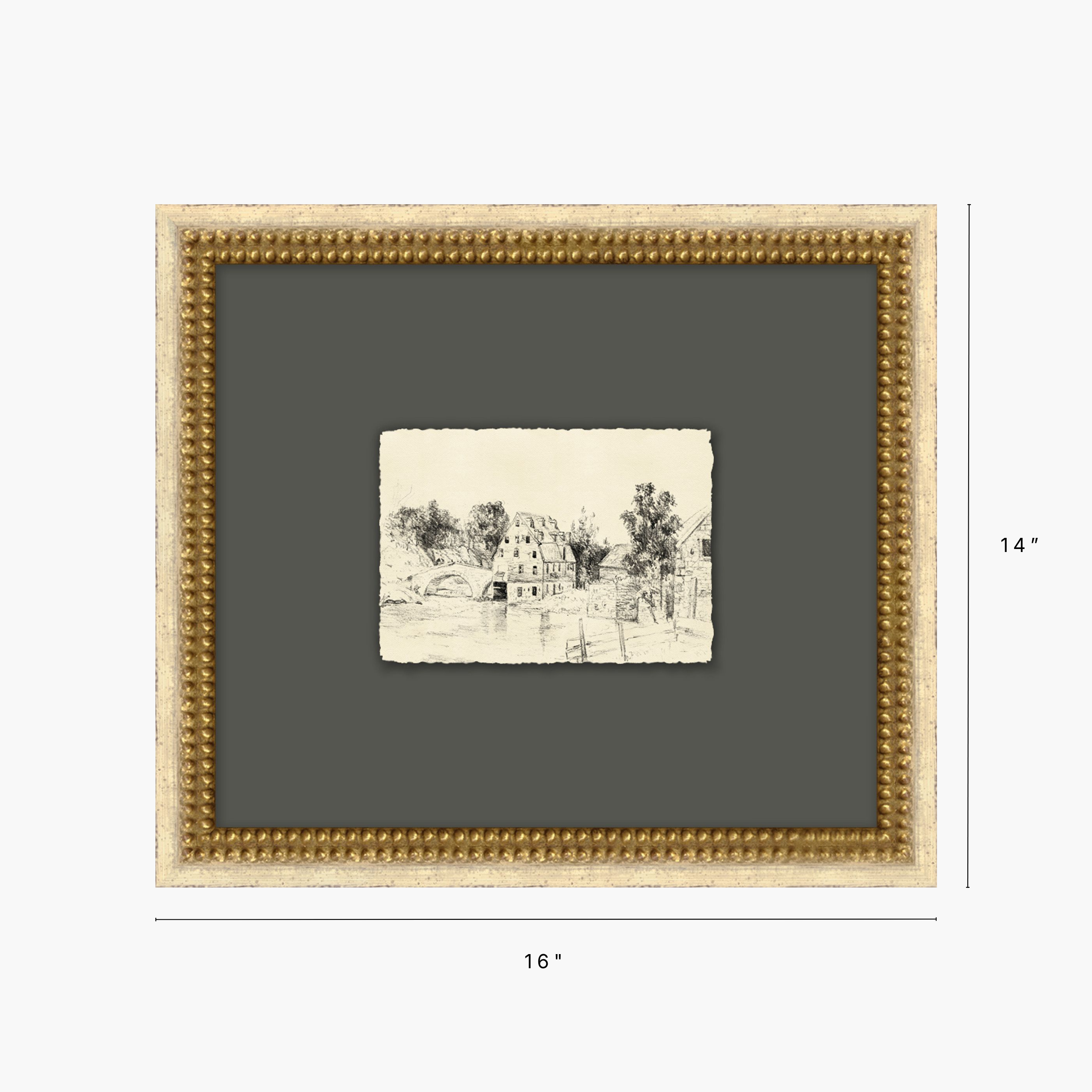 A framed art print shown on a light gray background with dimension lines indicating 16 inches wide by 14 inches tall. The frame is ornate and gold-toned with a dark charcoal gray mat and a small central sketch of a town scene.