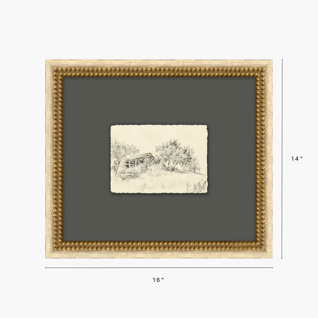 A framed art print or matted wall piece shown on a light gray background with dimension lines indicating 16 inches wide and 14 inches tall. The frame is a warm beige with a decorative beaded border, surrounding a dark charcoal-gray mat and a small centered sketch of a rustic outdoor scene.