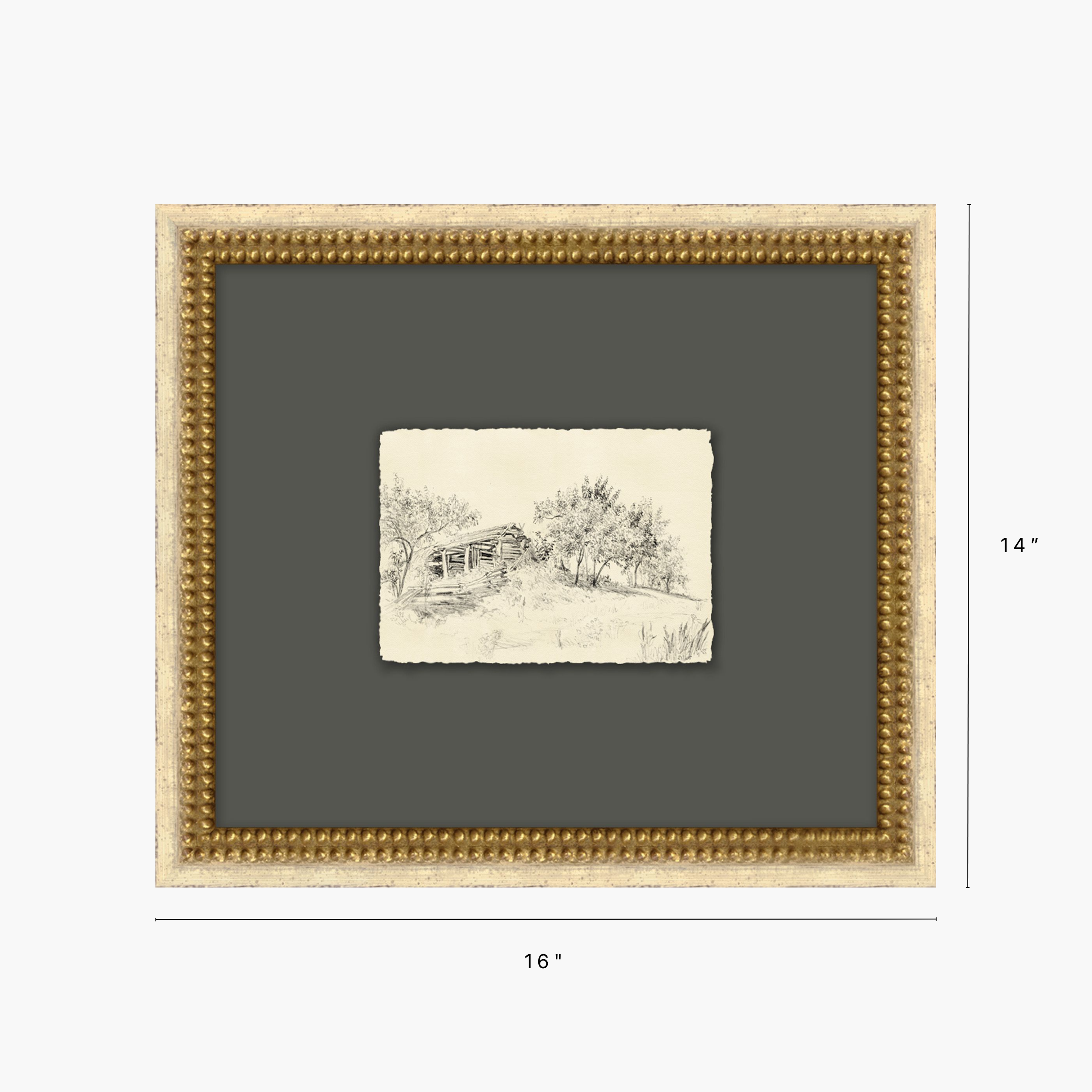 A framed art print or matted wall piece shown on a light gray background with dimension lines indicating 16 inches wide and 14 inches tall. The frame is a warm beige with a decorative beaded border, surrounding a dark charcoal-gray mat and a small centered sketch of a rustic outdoor scene.