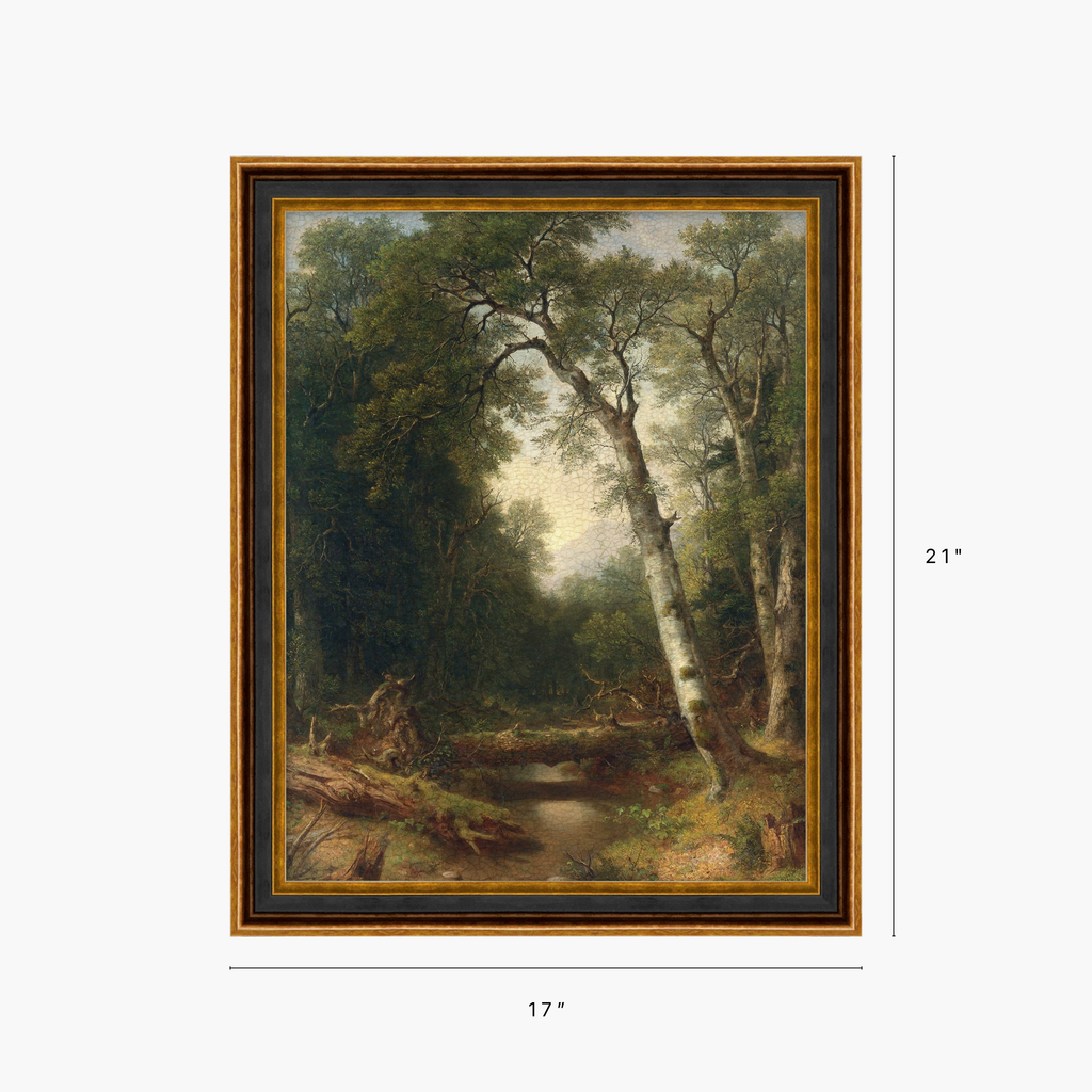 A framed landscape painting of a forest stream with birch trees, shown with dimension lines indicating 21 inches tall by 17 inches wide on a light gray background.