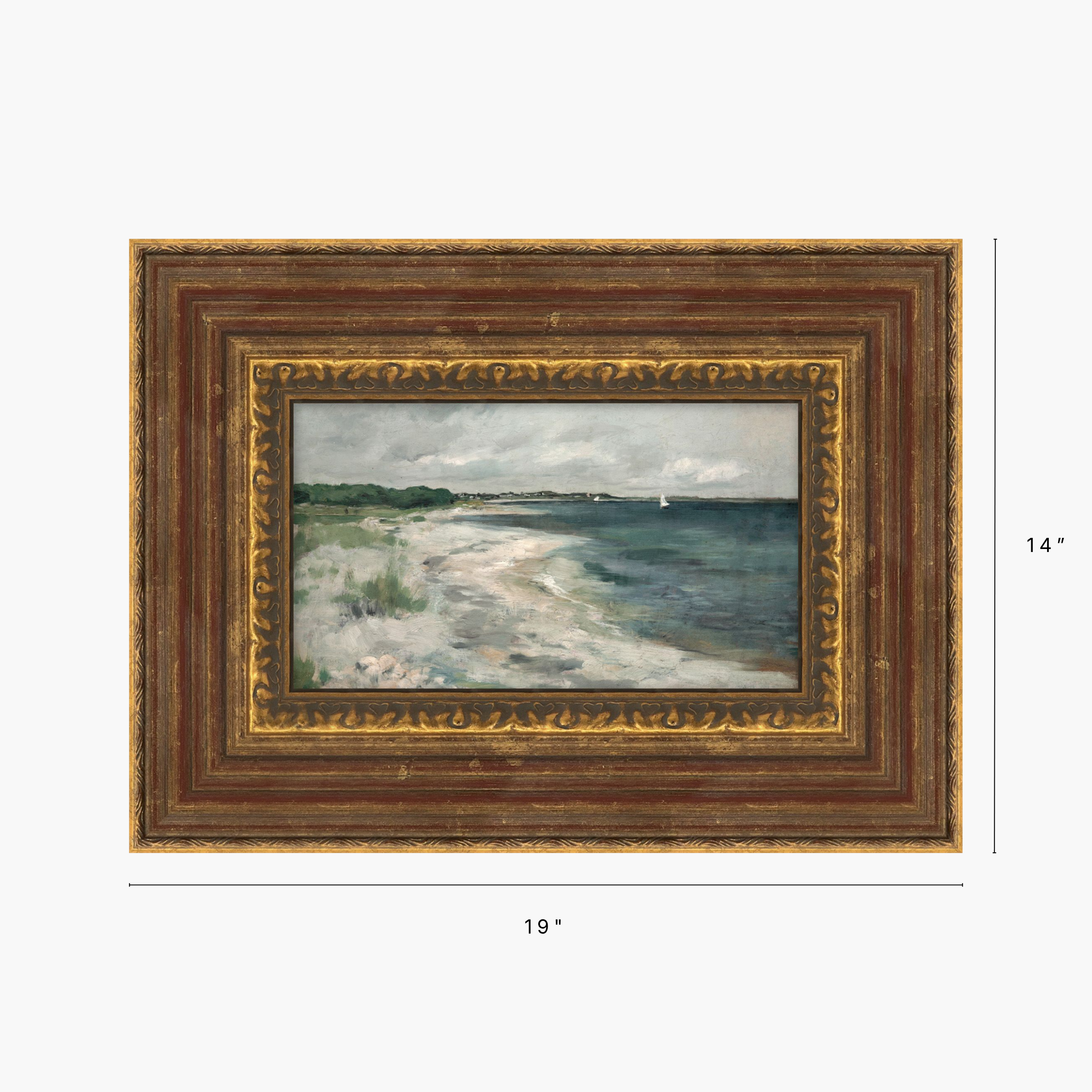 A framed landscape painting of a beach and sea, shown with dimension markers indicating 19 inches wide by 14 inches tall. The artwork depicts a cloudy sky over a pale sandy shore and blue-green water, set within an ornate dark brown and gold picture frame.