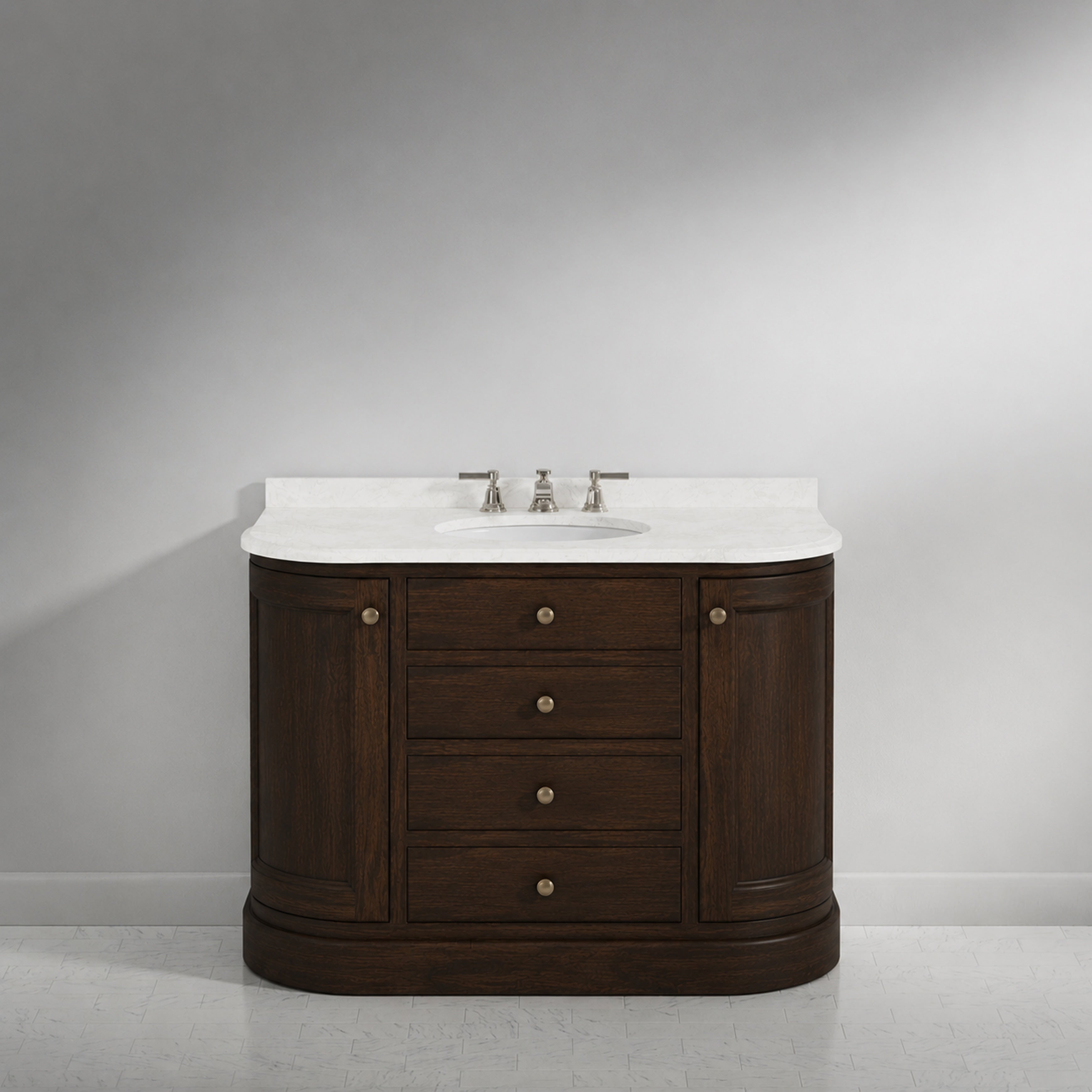 A dark brown wooden bathroom vanity with a white countertop and integrated sink, featuring three drawers and two side cabinets with round brass knobs, set against a neutral gray background.