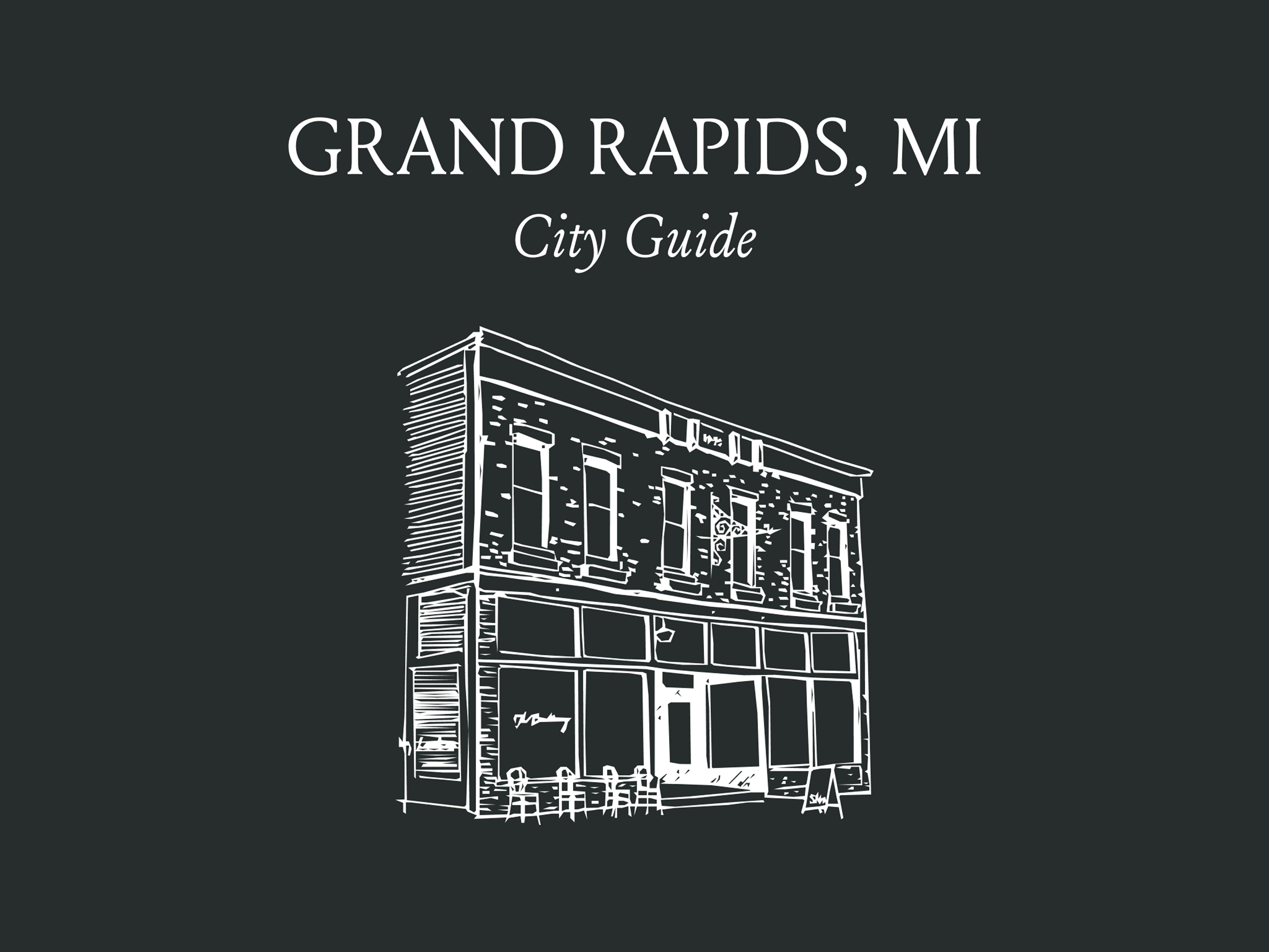 Black and white illustration of a building with 'Grand Rapids, MI City Guide' text on a black background