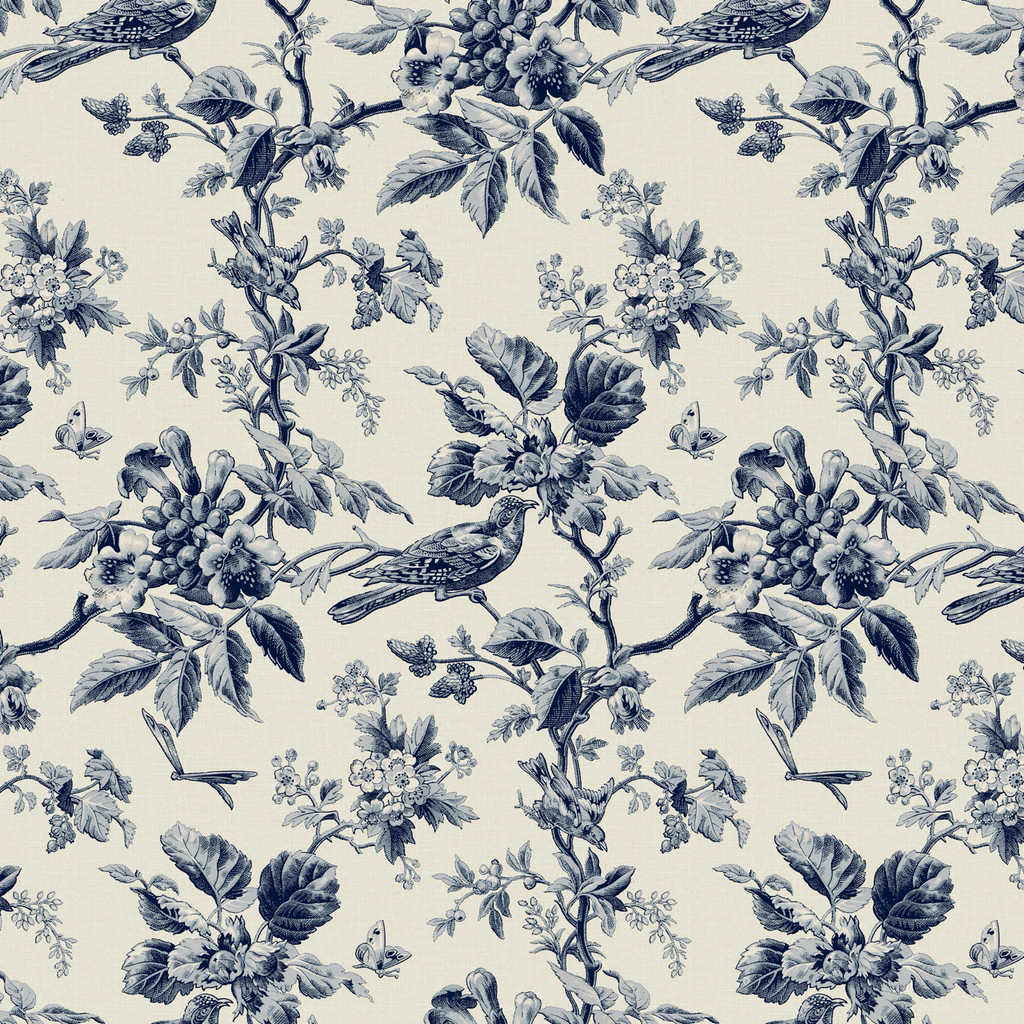 Lindy Slipcovered Dining Bench in Michigan Bird Toile Navy