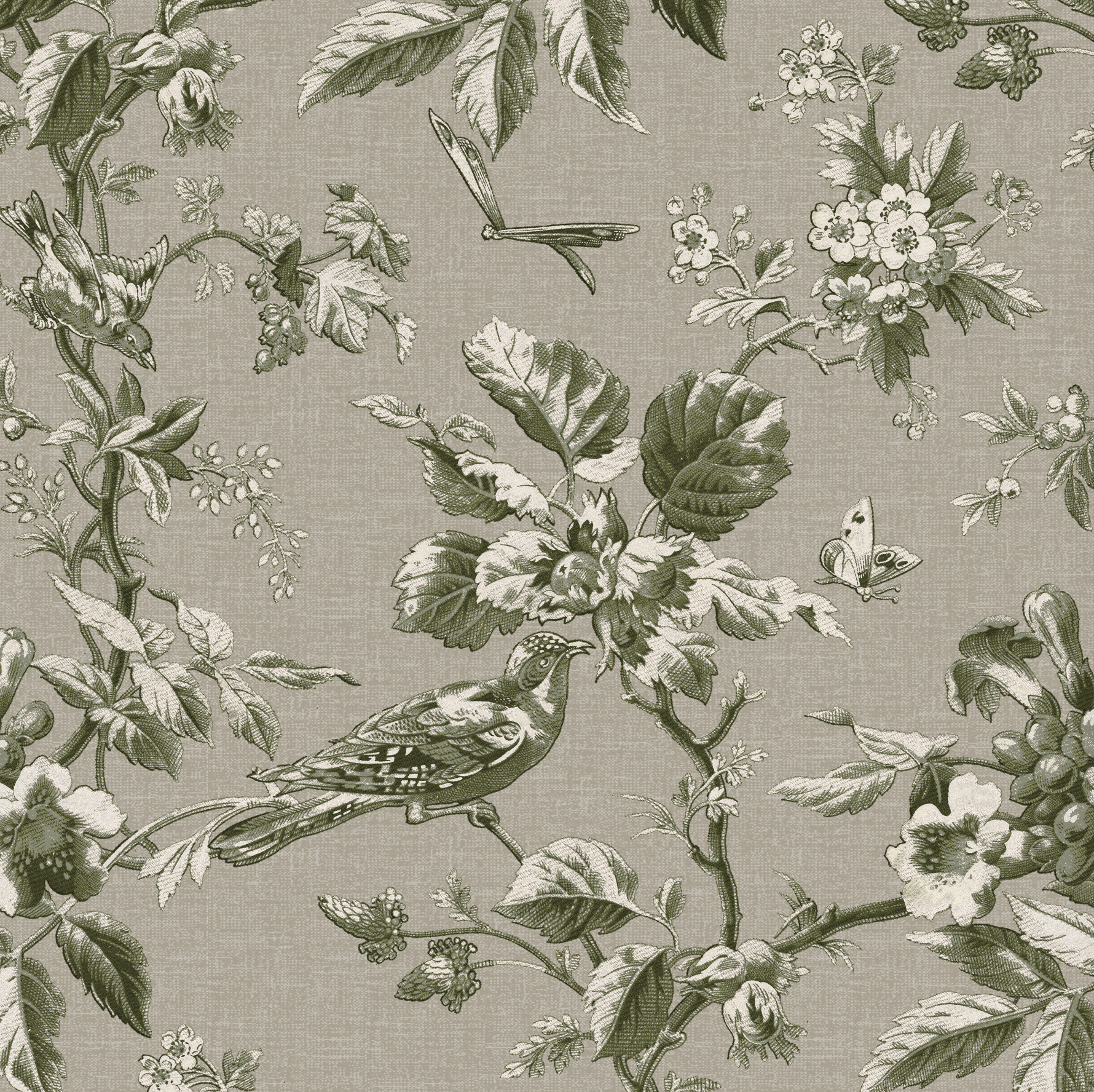Michigan Bird Toile Olive Fabric Sample