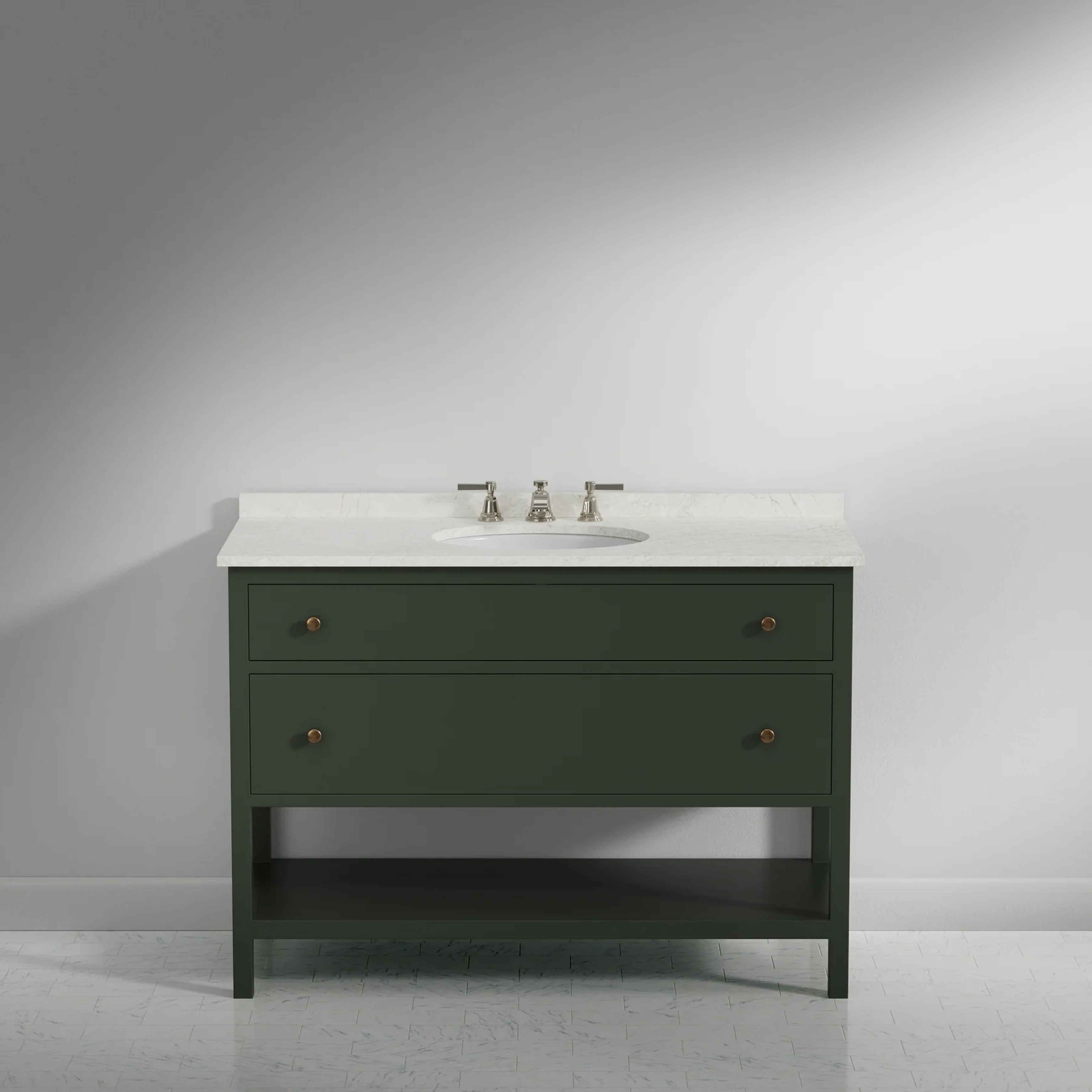 Bathroom vanity with white countertop and sink on a gray background