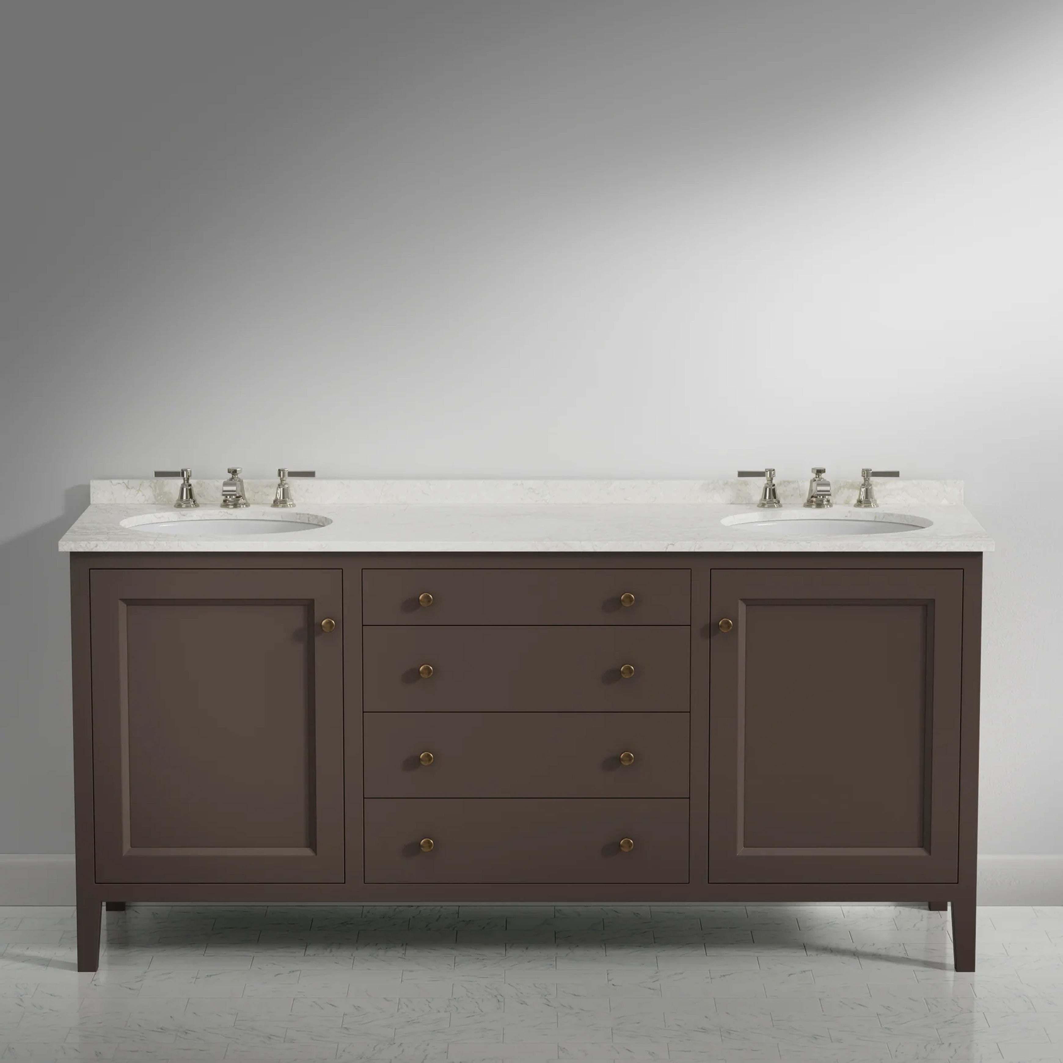 A double-sink bathroom vanity cabinet in a warm brown finish with a white countertop and integrated sinks, shown against a neutral gray studio background.