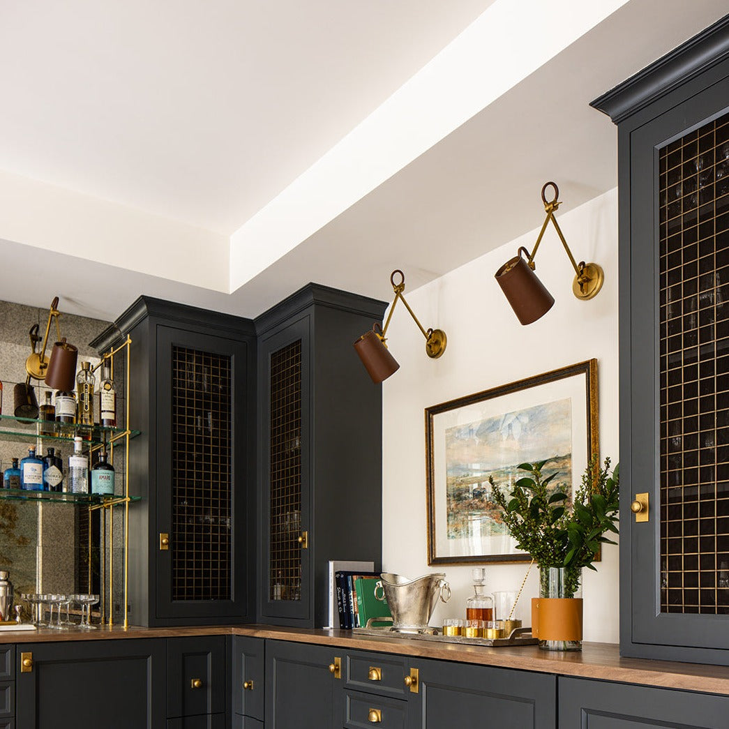 Visual Comfort Benton Double Library Sconce in Natural Brass with Saddle Leather Shade