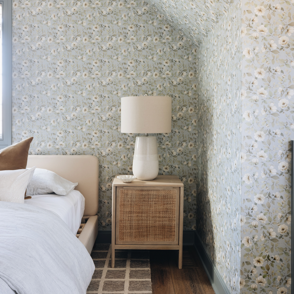 Wild White Rose on Sutton Blue Wallpaper