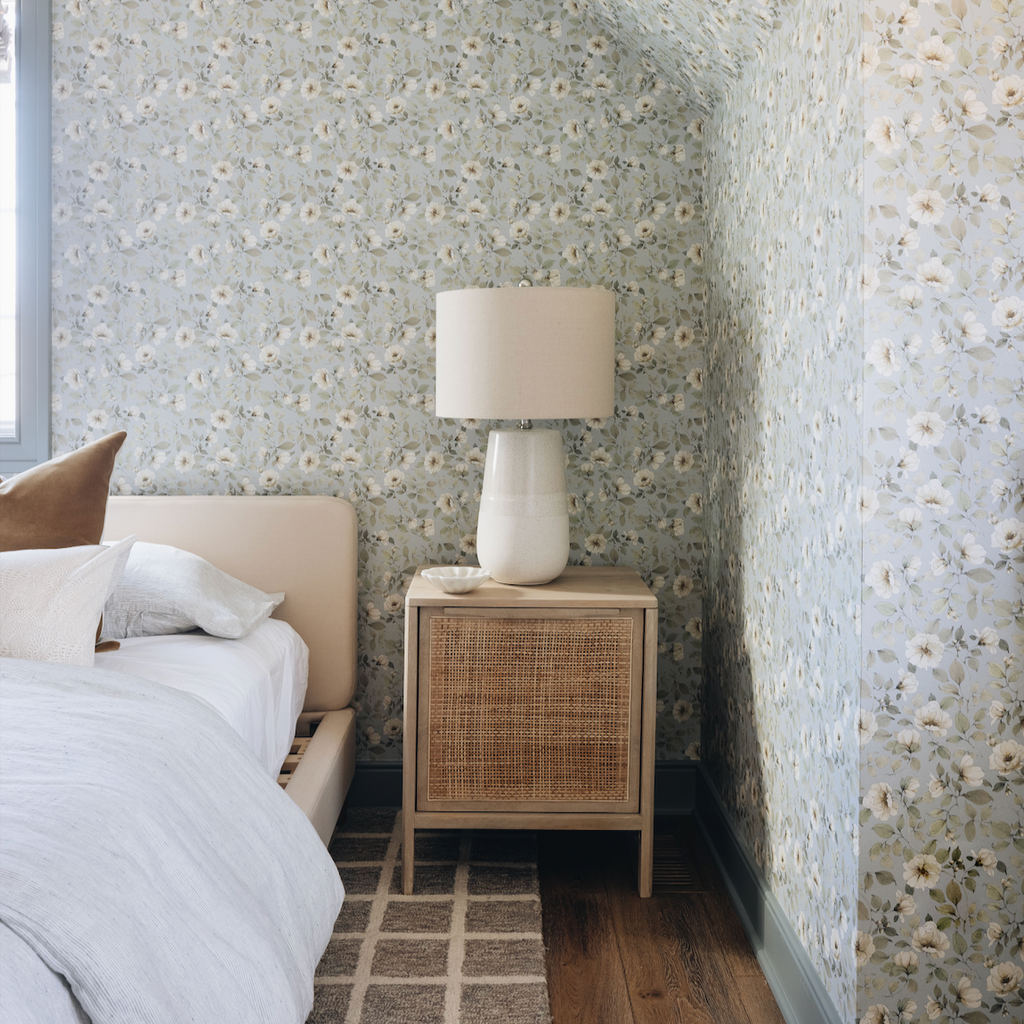Wild White Rose on Sutton Blue Wallpaper - Durable