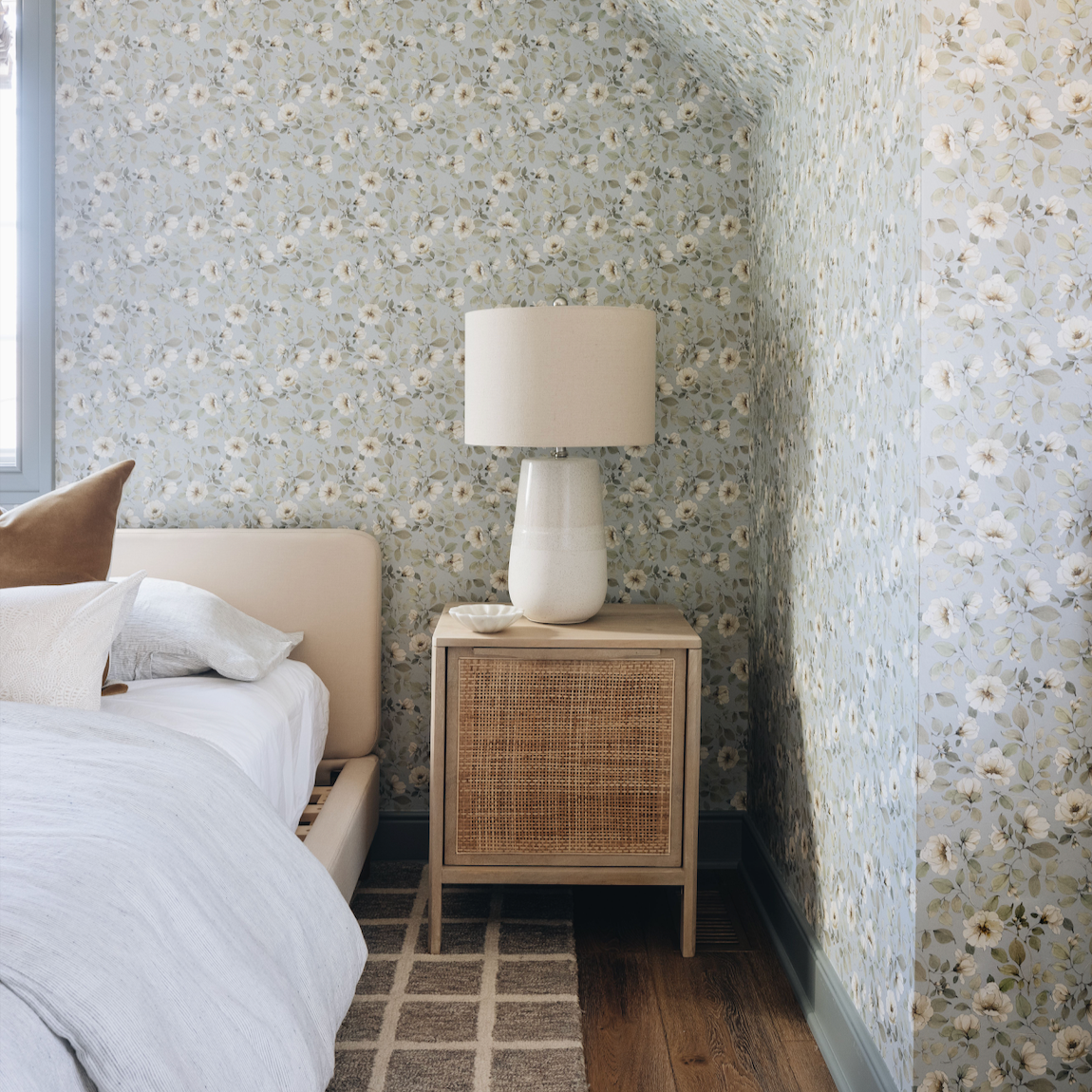 Wild White Rose on Sutton Blue Wallpaper - Durable