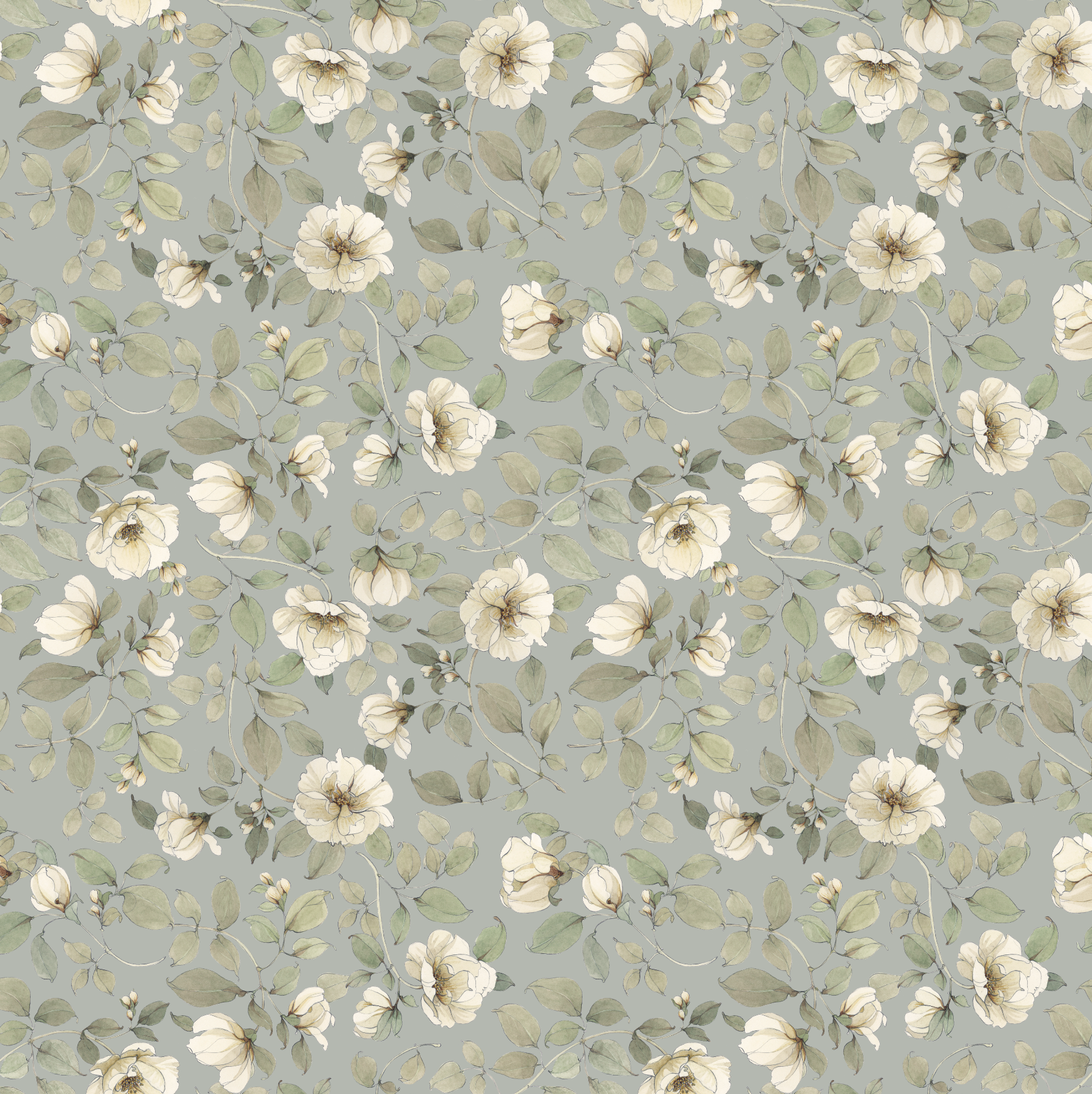 Wild White Rose on Sutton Blue Wallpaper