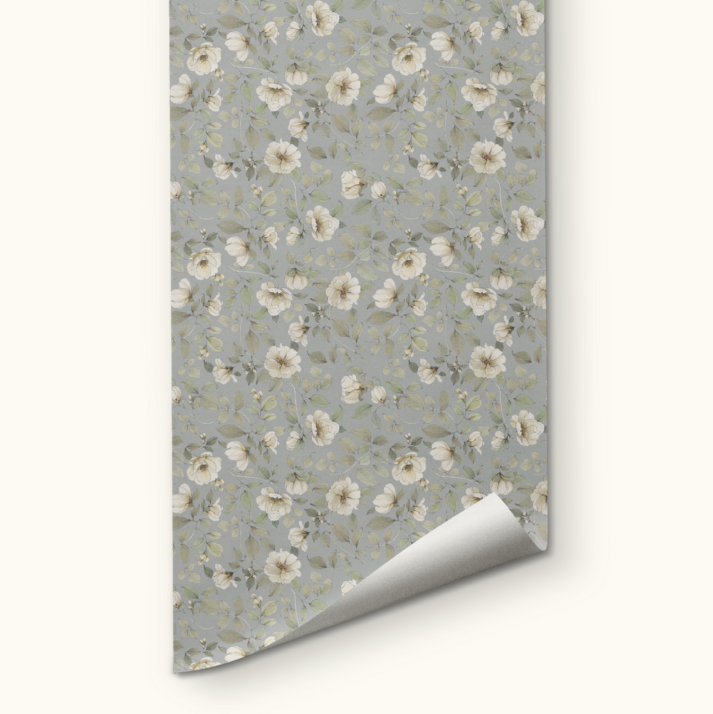 Wild White Rose on Sutton Blue Wallpaper - Durable